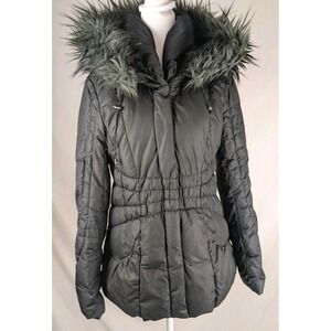 Steve Madden Women's Black Puffer Coat S Faux Fur Hood Winter‎ Jacket Warm